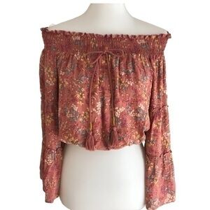 Wonderly off the shoulder floral Pleasant top with bell sleeves and tassel tie
